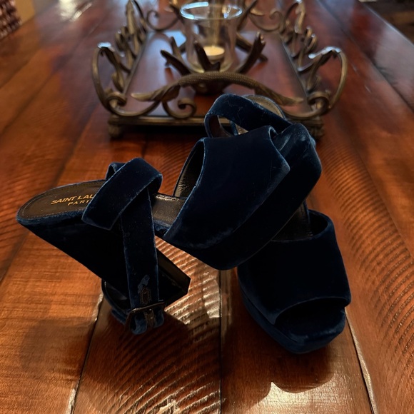 Saint Laurent Paris Blue Velvet Platform Heels Size 37 / US 7 - Picture 3 of 8